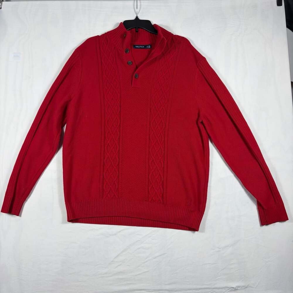 Nautica Sweater Size XL Red Cable Knit 1/4 Button Mock Neck